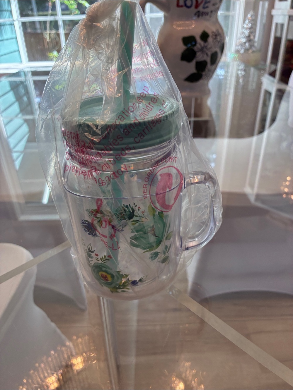The Pioneer Woman Floral Clear Mug with Mint Green Lid and Straw